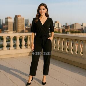 H Halston Faux Suede Jumpsuit Black Belted V-Neck Puff Sleeve Size L